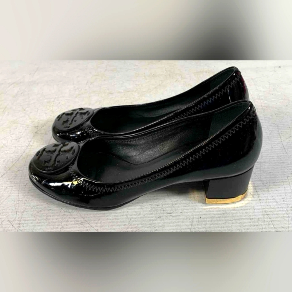 Tory Burch Designer AMY Black Patent Leather Pumps Block Heels 7M